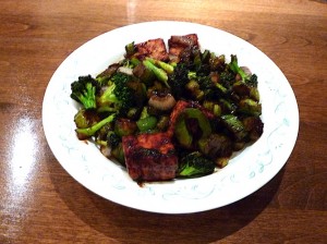 A bowl of stirfry with tofu
