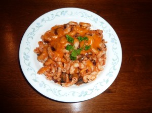 a bowl of mushroom burger pasta casserole