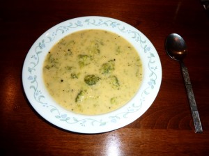 a bowl of cream of broccoli cheese soup